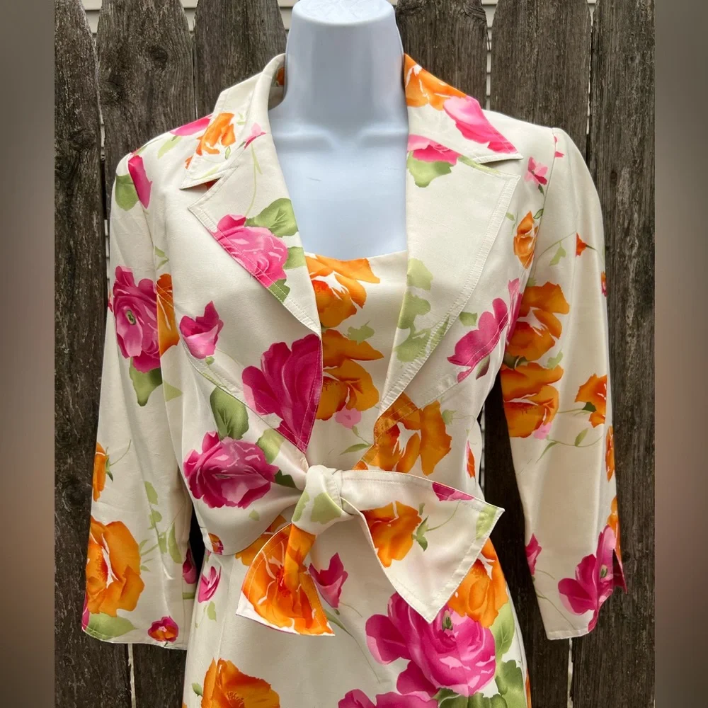 🍎 Teri Jon Silk Floral Sheath Dress With Cropped Jacket Self Tie Size 6 (AA3) - Picture 8 of 11
